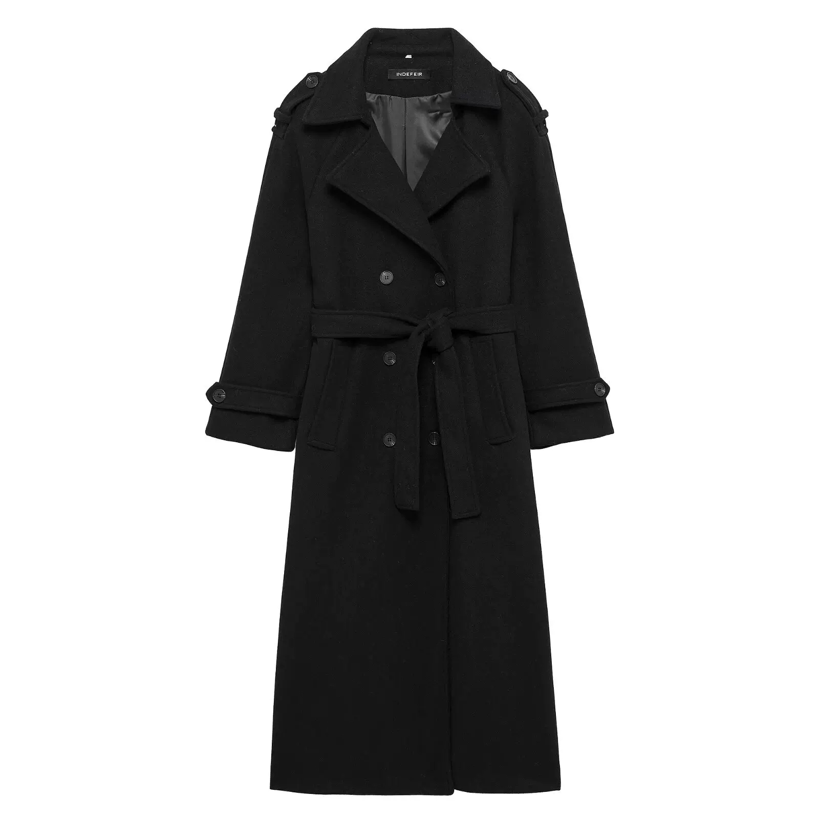 Trench Coat Formal - Damski czarny trencz dwurzędowy z długim