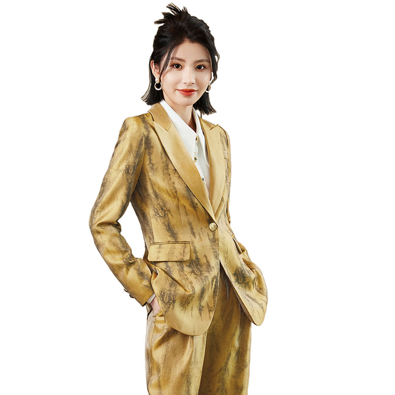 Women Formal Wear With Black Blazer - Kobiety Złoty Czarny Formalny Garnitur Spodnie