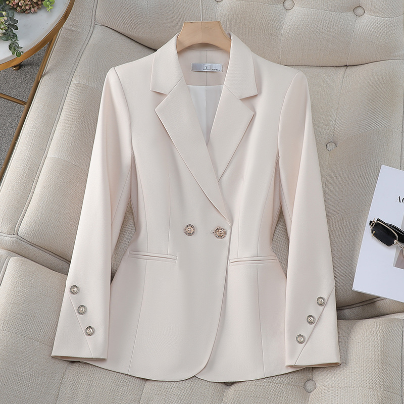 Women Formal Wear With Black Blazer - Damska dwurzędowa marynarka na jesień, morelowa,