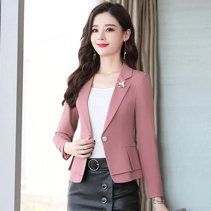 Women Formal Wear With Black Blazer - Damski płaszcz jesieniowy, elegancki, dopasowany, w