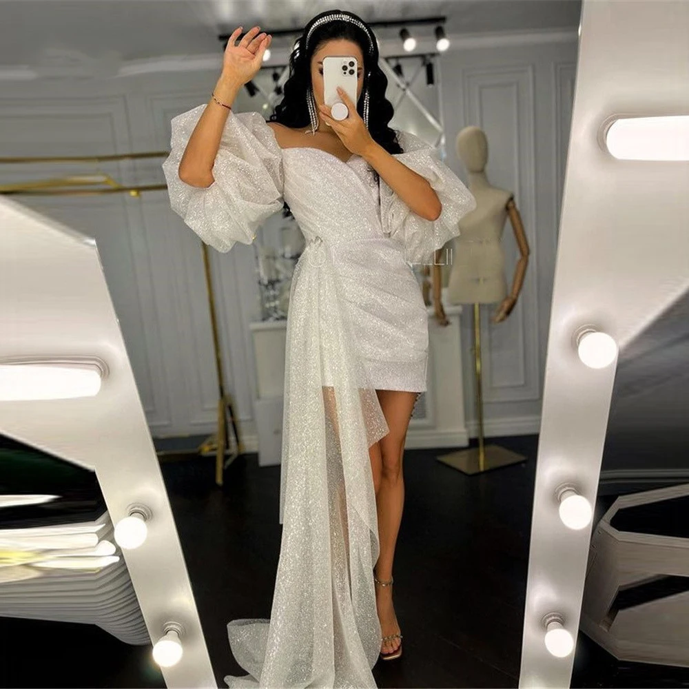 Women Formal Wear Dubai - Błyszcząca krótka suknia ślubna bufiaste rękawy