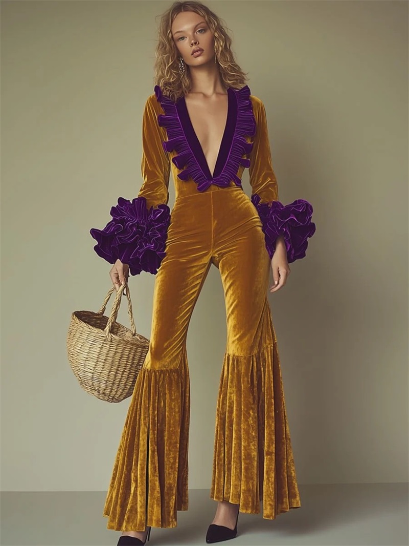 Żółto-fioletowy aksamitny komb – Women'S Formal Jumpsuit Evening Wear recenzja i cena