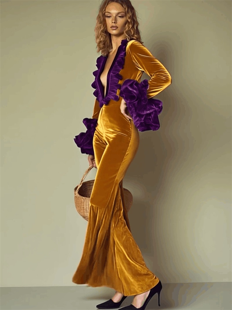 Żółto-fioletowy aksamitny komb – Women'S Formal Jumpsuit Evening Wear recenzja i cena